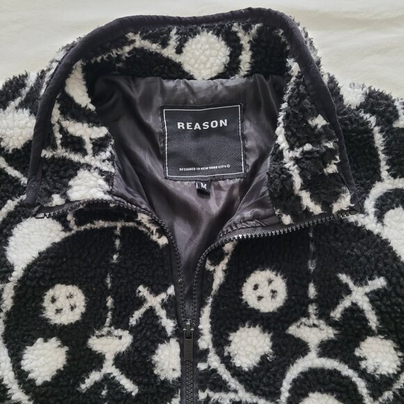 Reason Mens Teddy Yarn Sherpa Full Zip Jacket Black White Size Medium - Picture 5 of 12